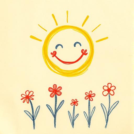 A child's crayon sketch of a smiling sun and flowers